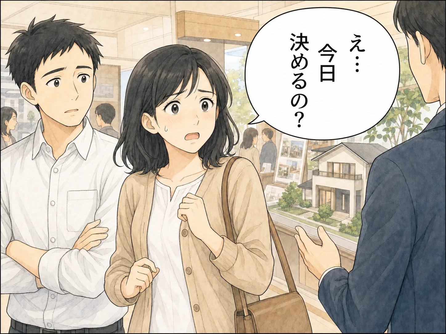 住宅展示場で営業に迫られ、不安そうにするミサキ