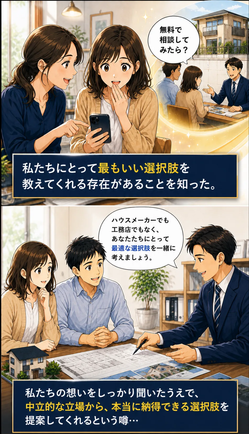 友人から相談窓口を聞き、相談員に会うミサキ夫婦