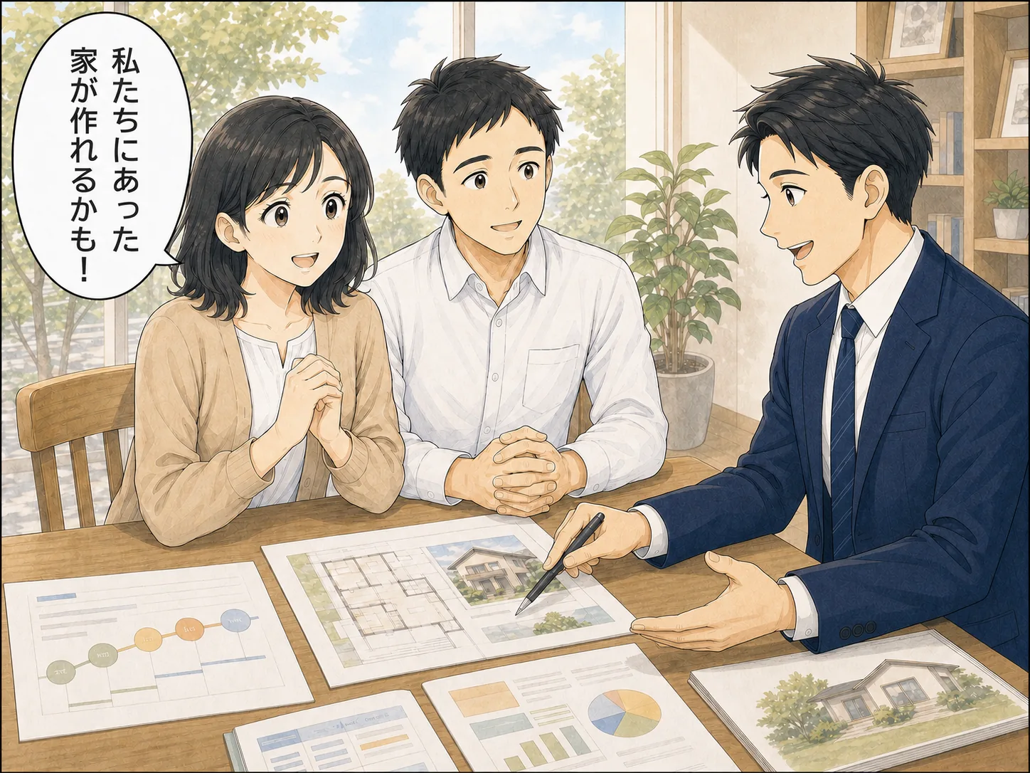 相談員と話して家づくりの見通しが立つミサキ夫婦