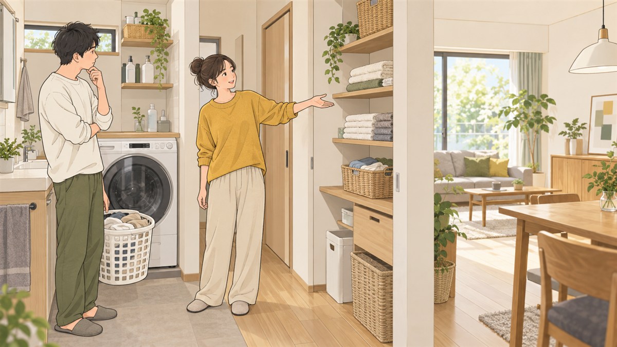 洗濯かごと収納の位置を見ながら、今の暮らしの困りごとを考える男女のイラスト