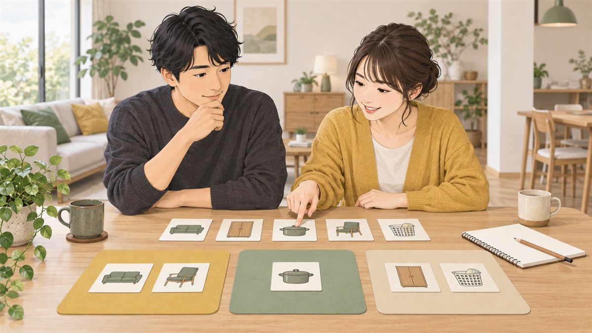 家族が家のイメージカードを並べて、要望の理由と優先順位を話し合うイラスト