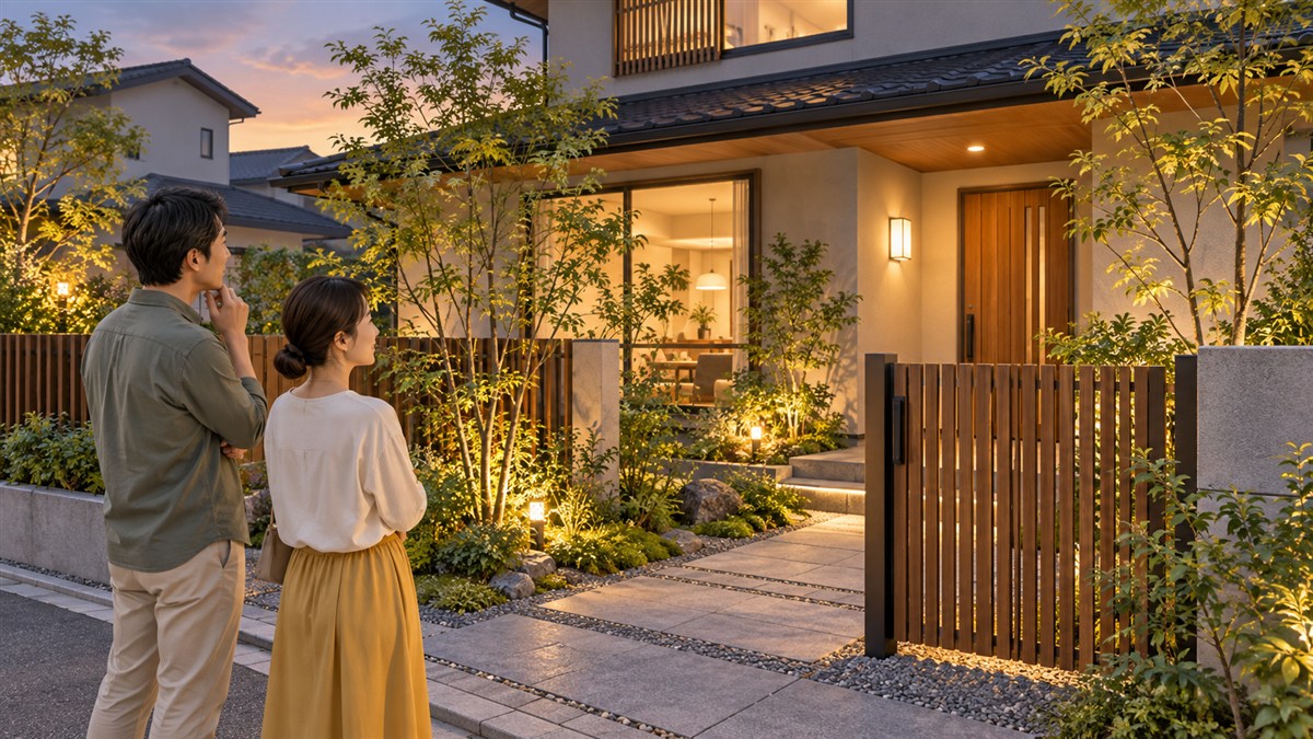 低めの植栽と見通しのある門まわりを確認する夫婦のAI生成のイメージ画像