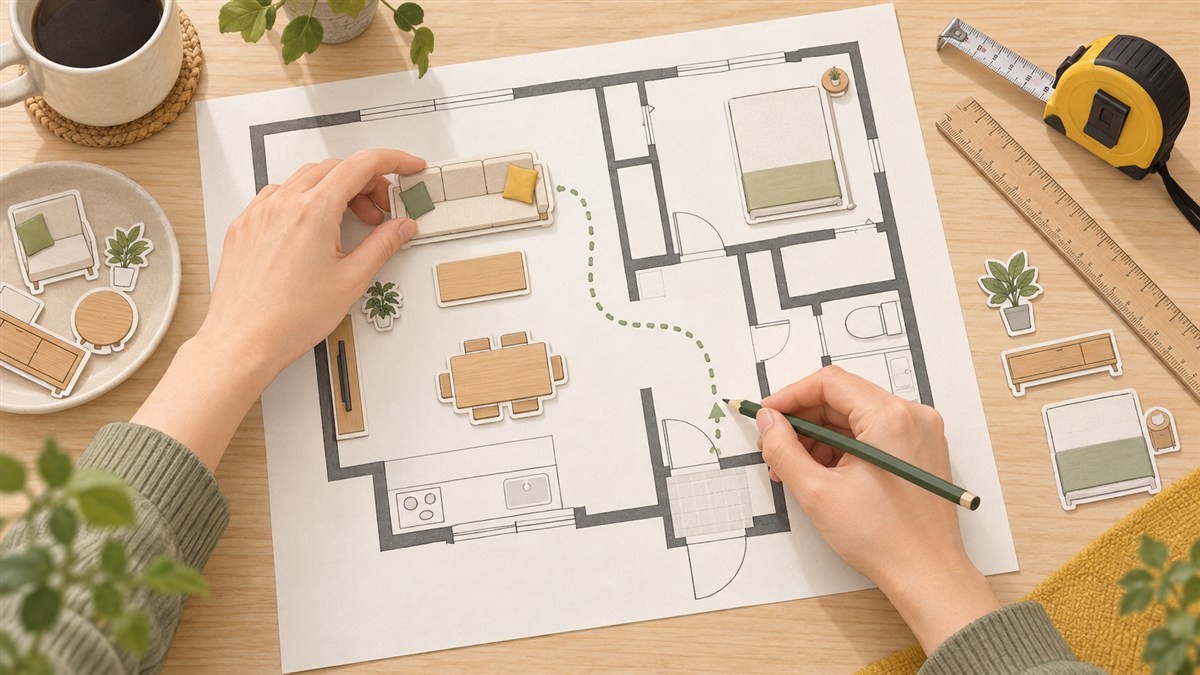 テーブルに広げた間取り図に家具の模型を置き、通り道を確認するイラスト