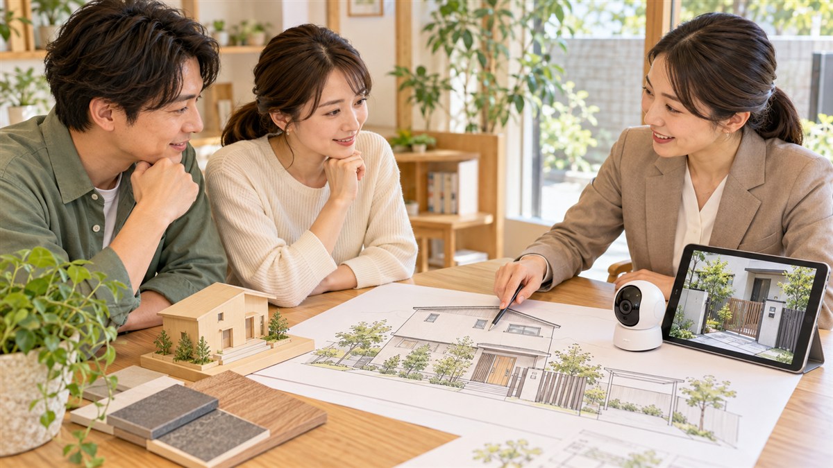 家の外観図と防犯カメラを見ながら、設置や録画について相談するAI生成のイメージ画像