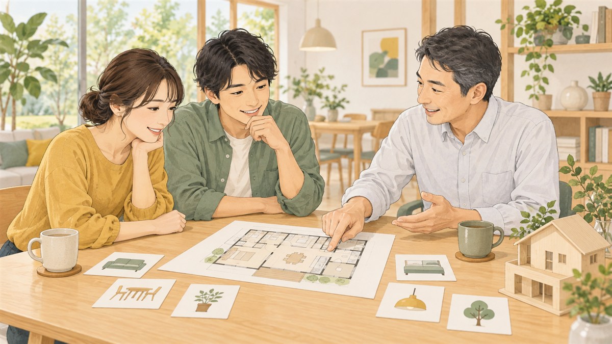 相談者の男女と相談員が間取り図を囲み、落ち着いて希望を整理するイラスト