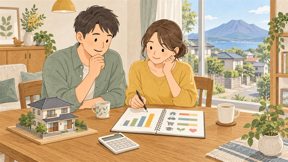 中古住宅の模型と家計ノートを見ながら暮らしと予算を相談する夫婦