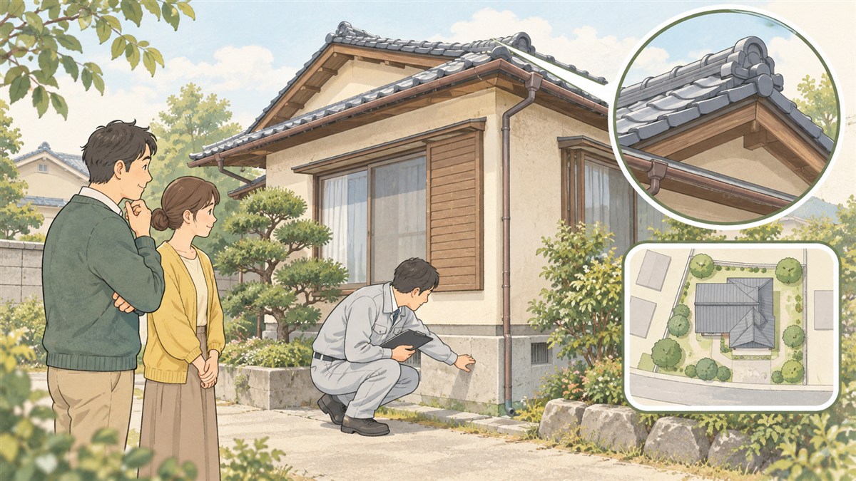 中古住宅の外壁や基礎を専門家と確認する夫婦