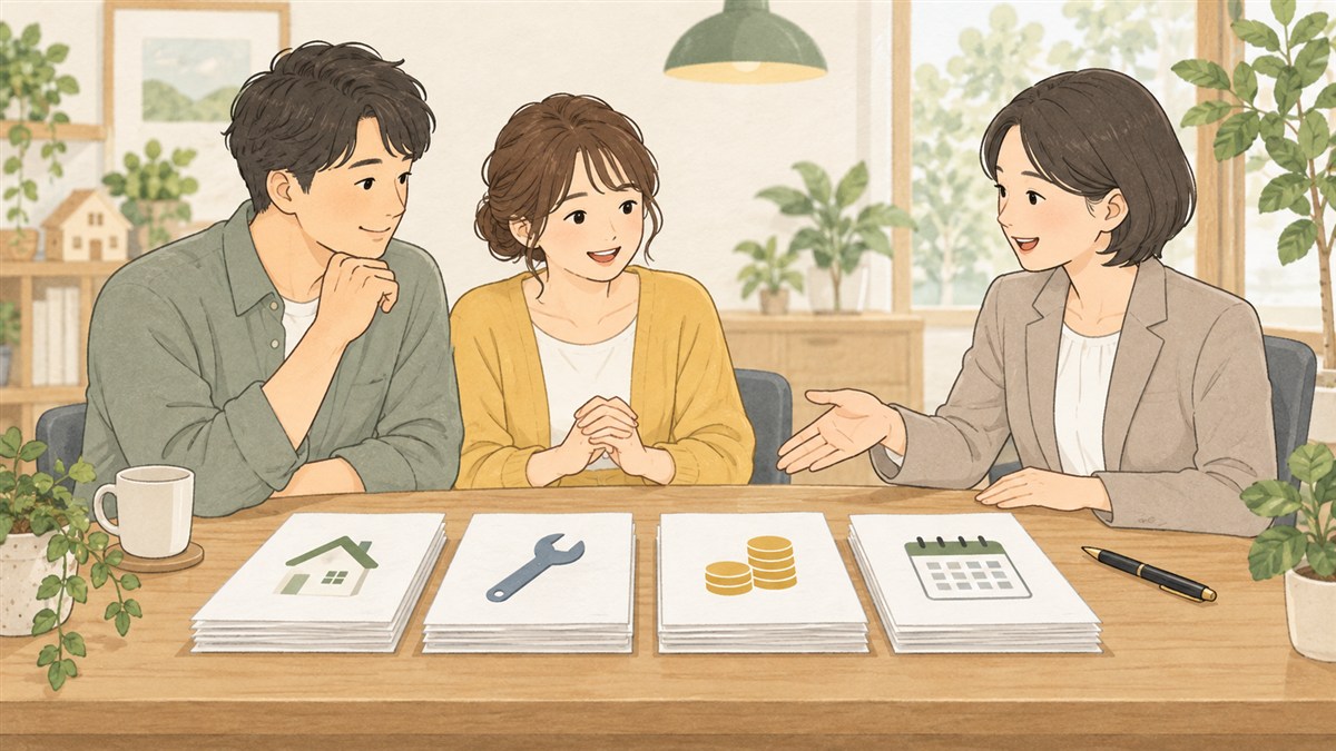 購入費・工事費・資金・日程の資料をそろえて相談する様子