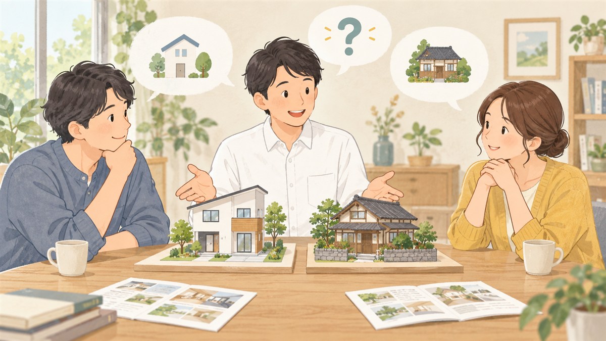新築と中古住宅の模型を前に住まいの選び方を相談する様子