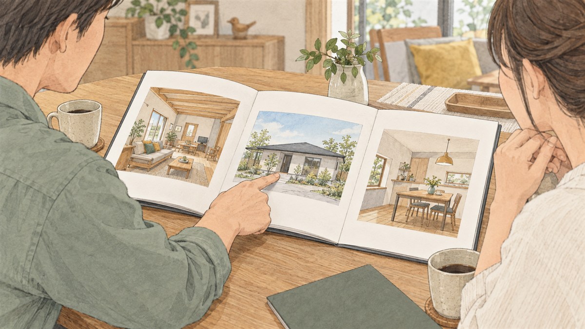 実際に建てられた住宅の施工例を見比べる見学者のイラスト