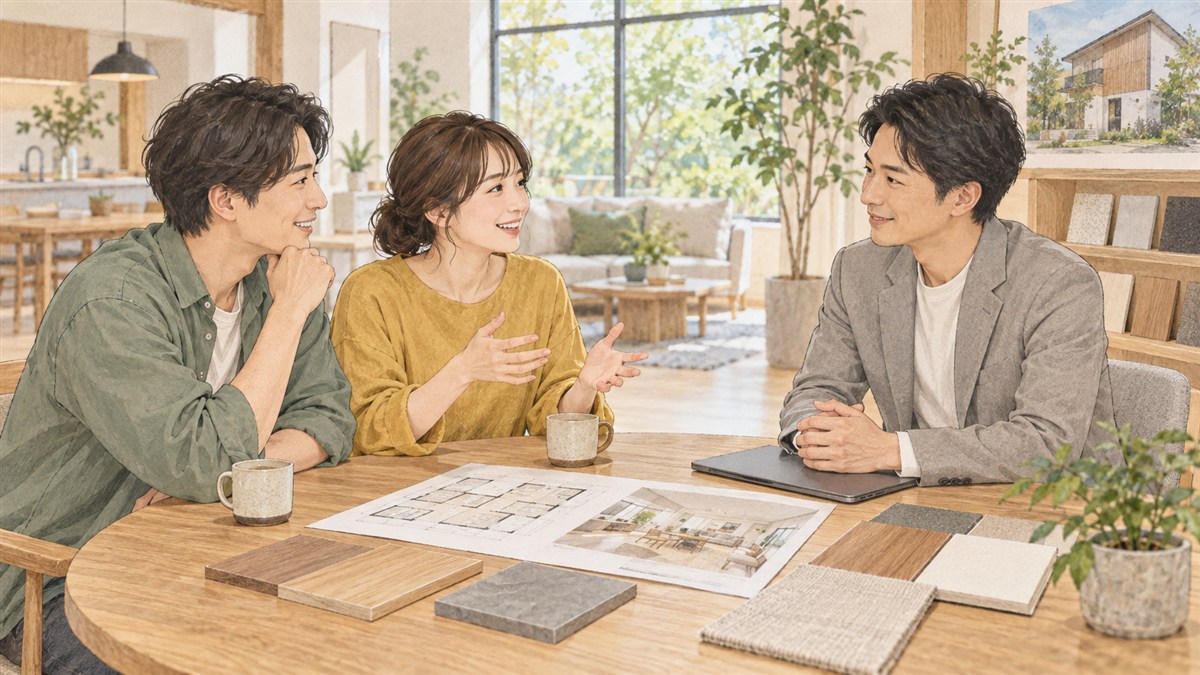 住宅会社の担当者と希望や価値観を話し合う見学者のイラスト