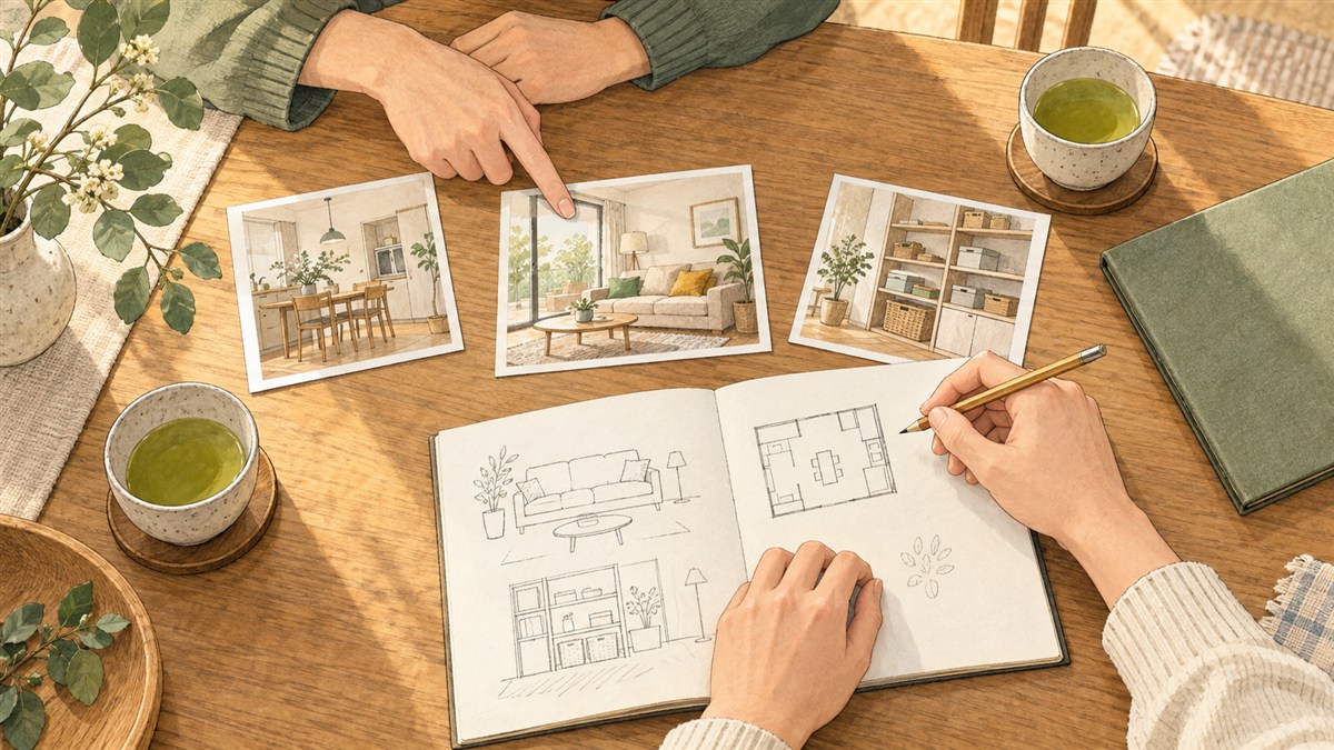 住宅見学のあとに写真とメモを使って好みや確認事項を整理するイラスト