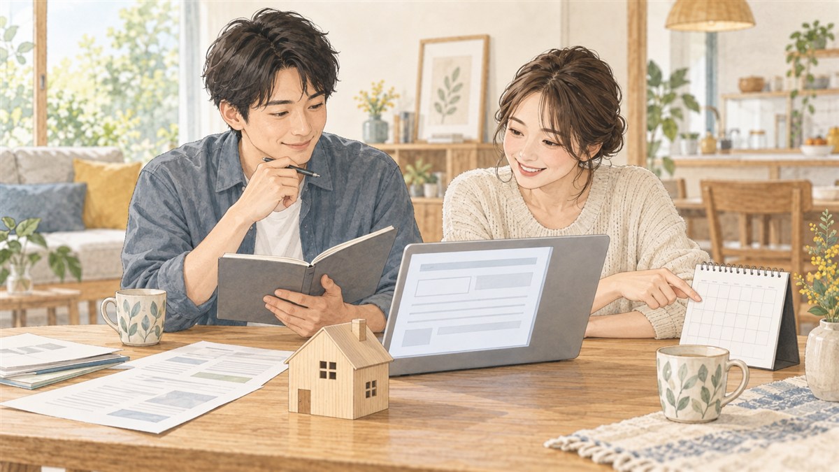 入居後の住宅ローン控除の初年度申告に向け、日程を確認する夫婦のイラスト
