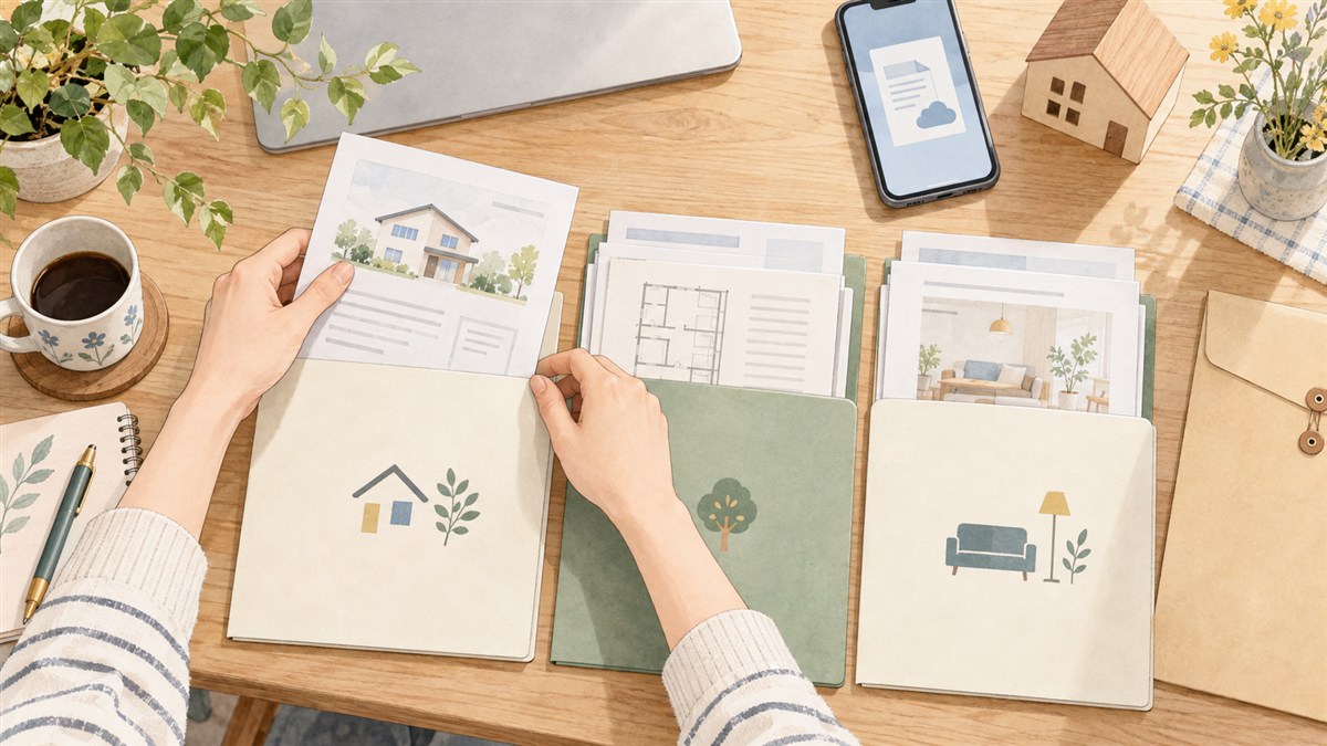 住宅ローン控除の準備として紙と電子の書類を整理するイラスト
