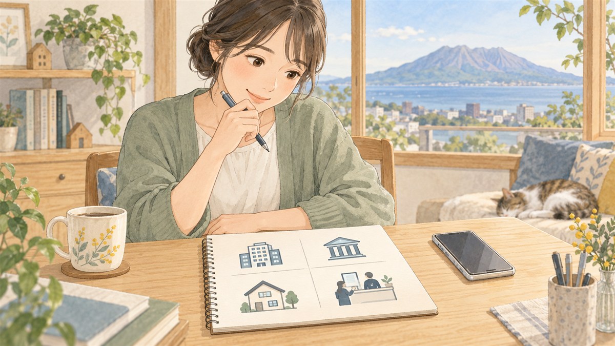 勤務先・金融機関・住宅会社・税務窓口への質問を分けて整理するイラスト