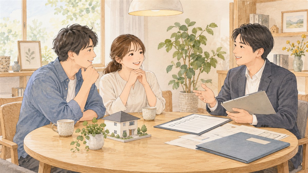 入居後の手続きについて家づくりの相談員と話す夫婦のイラスト