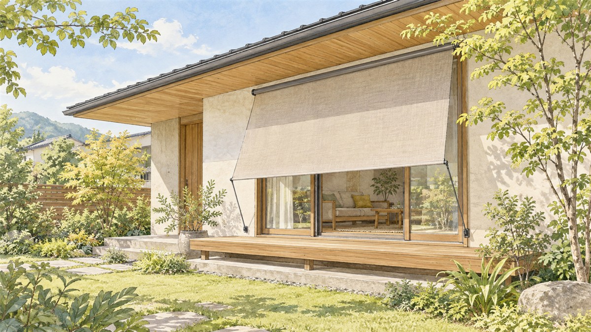 軒と窓の外の日よけで日差しを調整する住宅のイメージイラスト