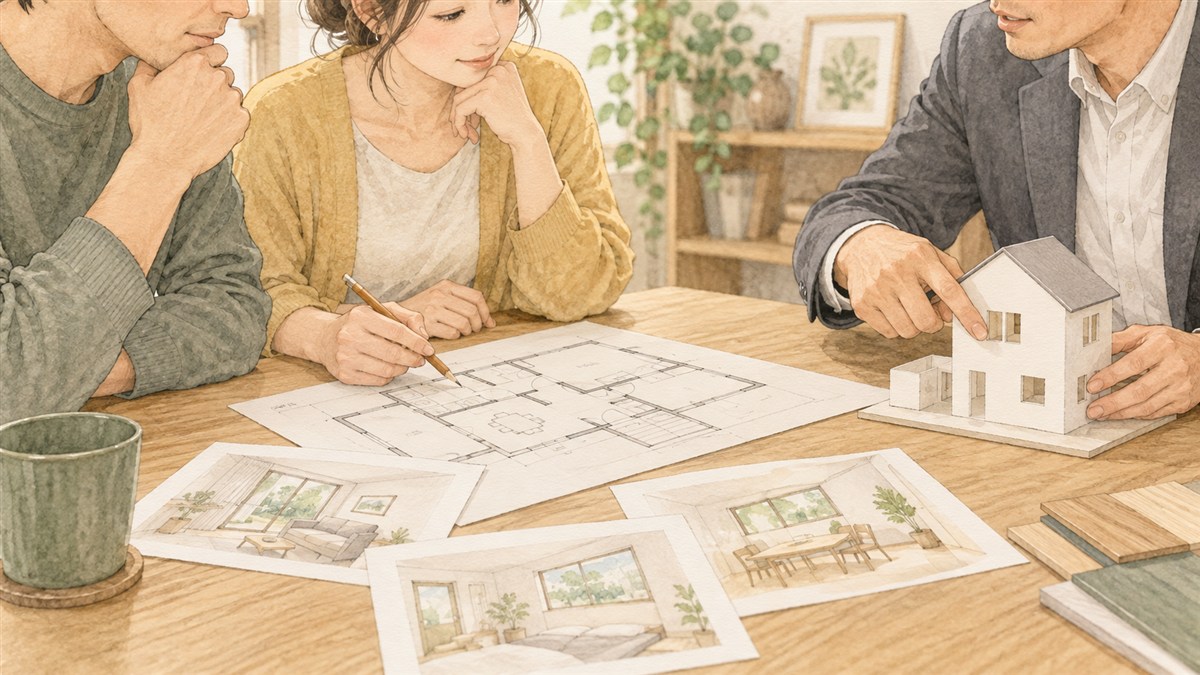 図面と住宅模型で窓の位置を相談するイメージイラスト