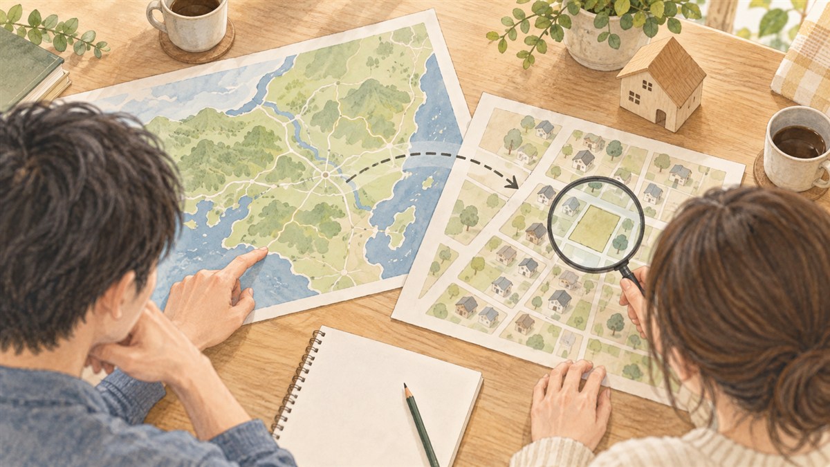 広域の地図と候補地周辺の地図を比較する夫婦のイラスト