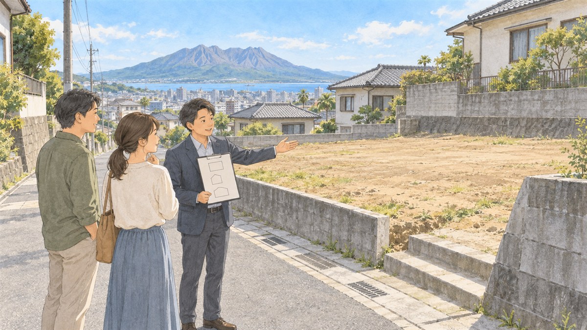 住宅地の道路や形、高低差を確認する夫婦と相談員のイラスト