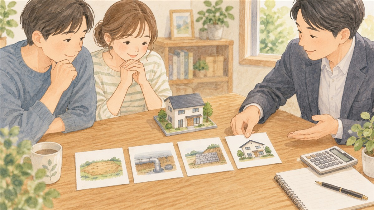 土地代と水道引き込み、擁壁などの工事費を合わせて確認するイラスト
