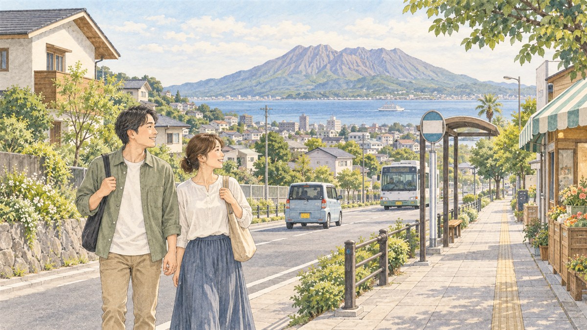 鹿児島で交通や買い物など日々の暮らしを確認する夫婦のイラスト