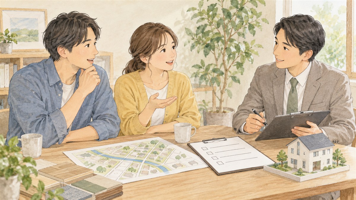 土地探しの疑問を地図とチェックリストで整理する相談風景のイラスト