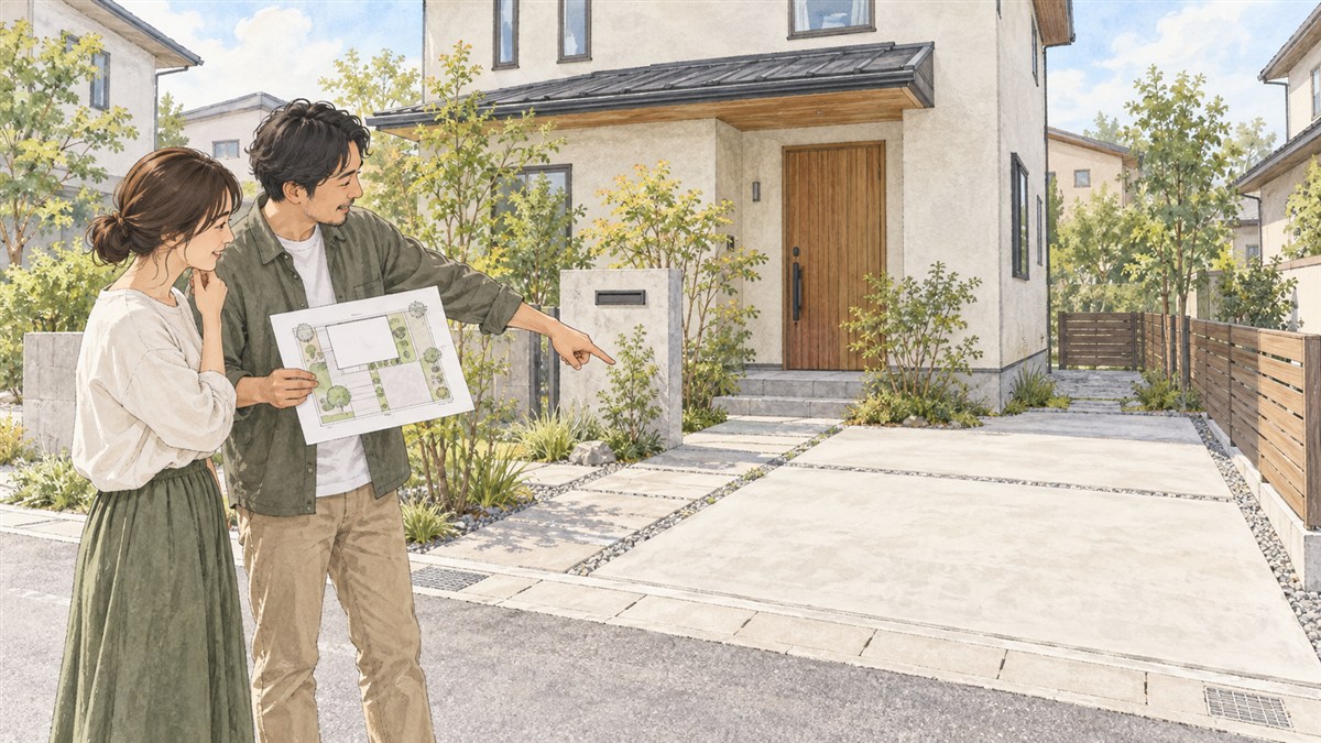 住宅の駐車場やフェンスなど、外まわりの工事範囲を図面と確認するイメージイラスト