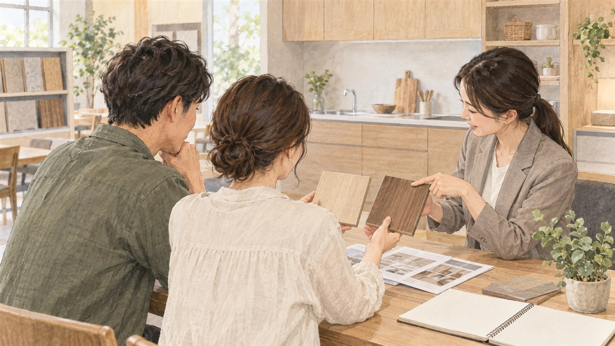 住宅設備の見本を見ながら標準仕様と希望する仕上げを相談するイメージイラスト