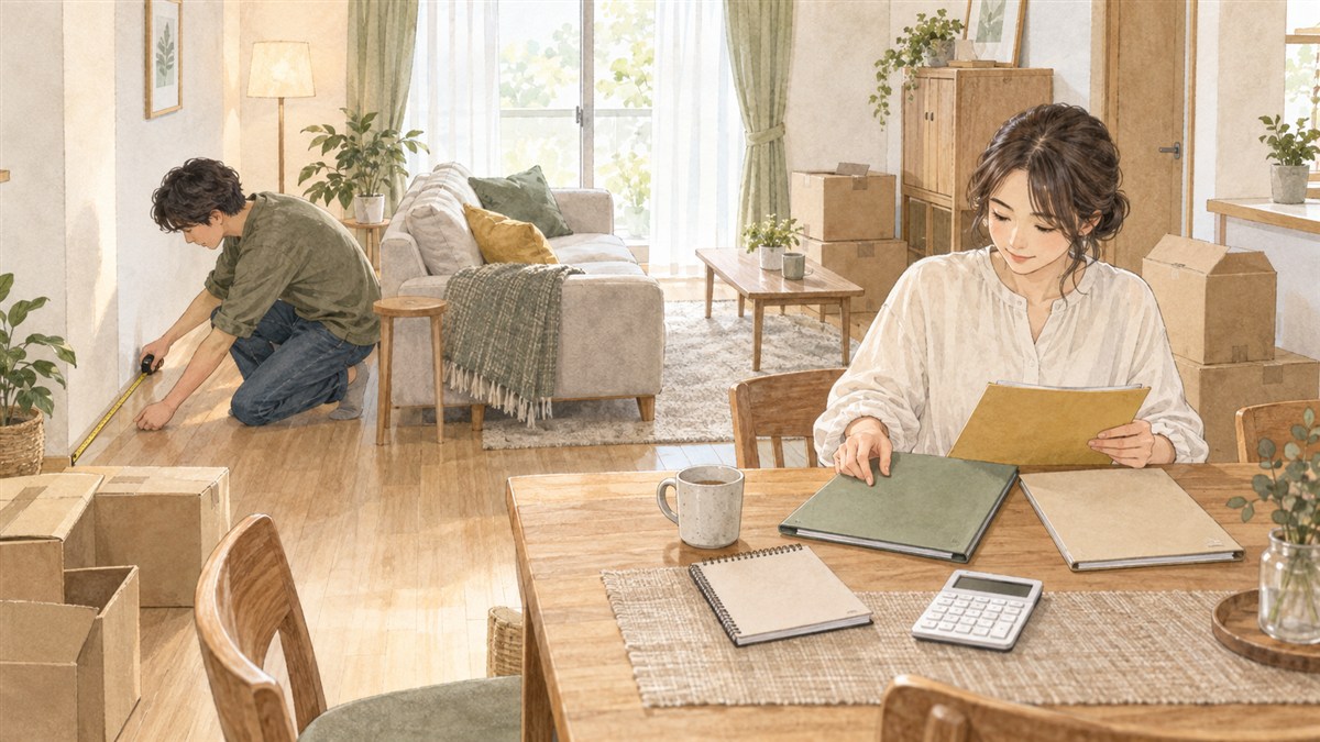 新居で家具やカーテン、引っ越しに必要なお金を整理するイメージイラスト
