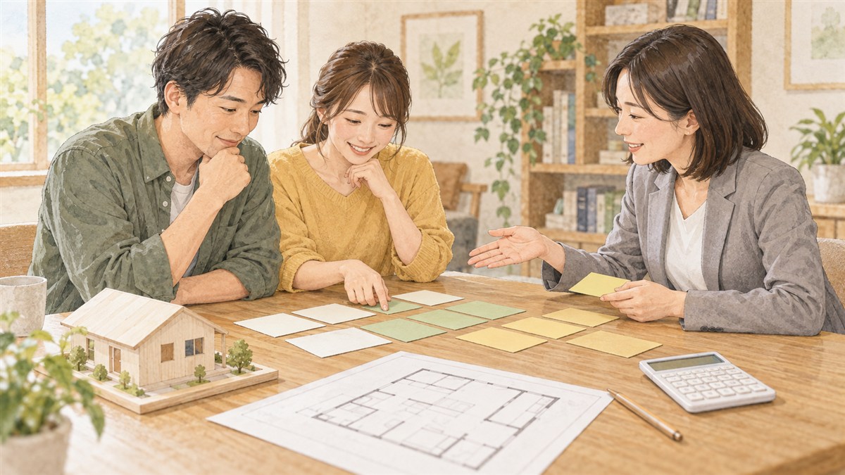 住宅の見積もりに含まれる費用や未確定の項目を相談して整理するイメージイラスト