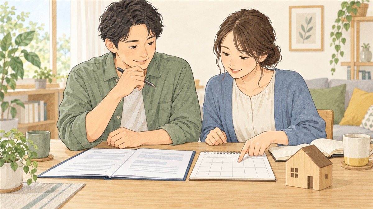 住宅ローンの契約書とカレンダーを見ながら金利の見直し時期を確認する夫婦のイラスト