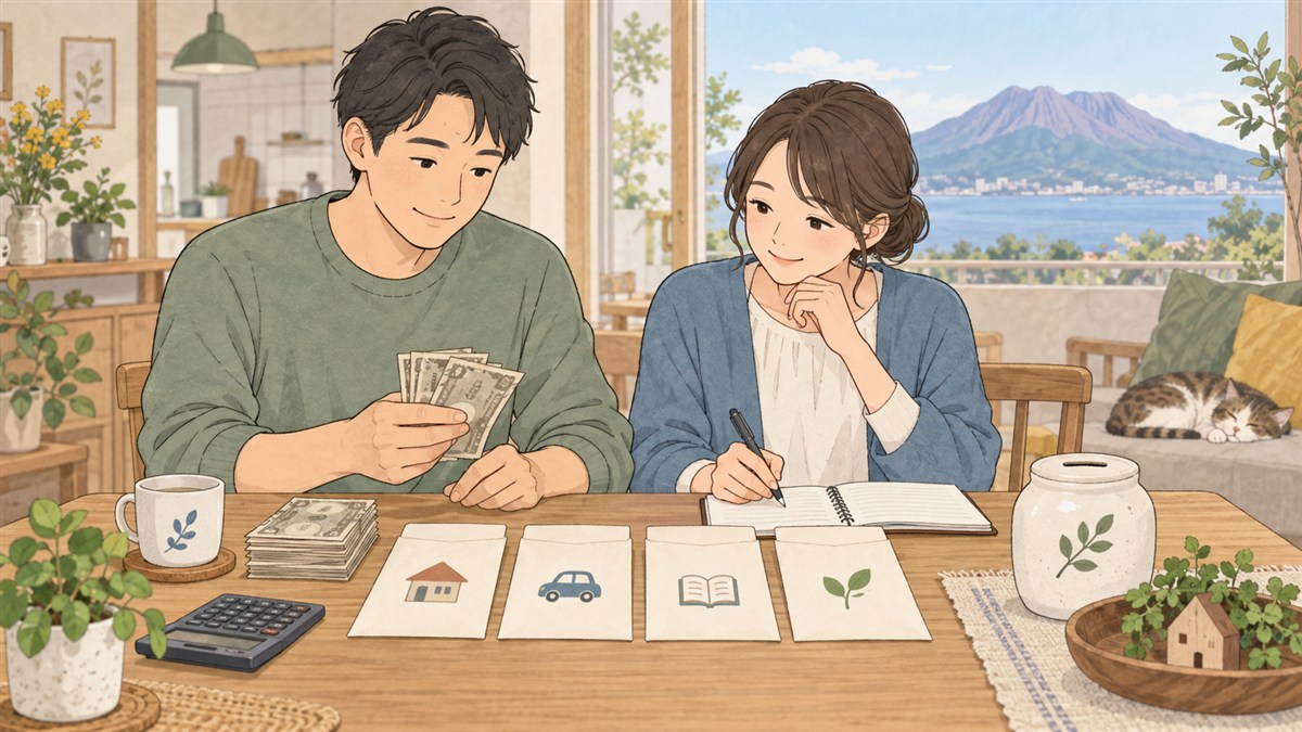 桜島が見える住まいで生活費と貯蓄の余裕を整理する夫婦のイラスト