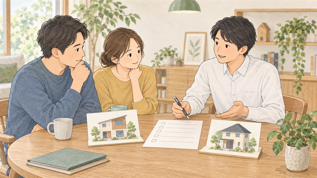住宅ローンの疑問を家づくりの相談員と整理する夫婦のイラスト