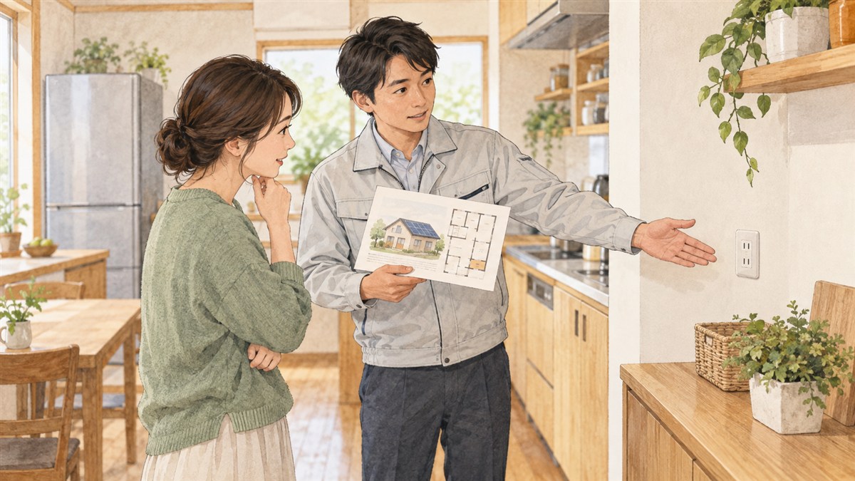 停電時に使えるコンセントの場所を図面と一緒に確認するイメージイラスト