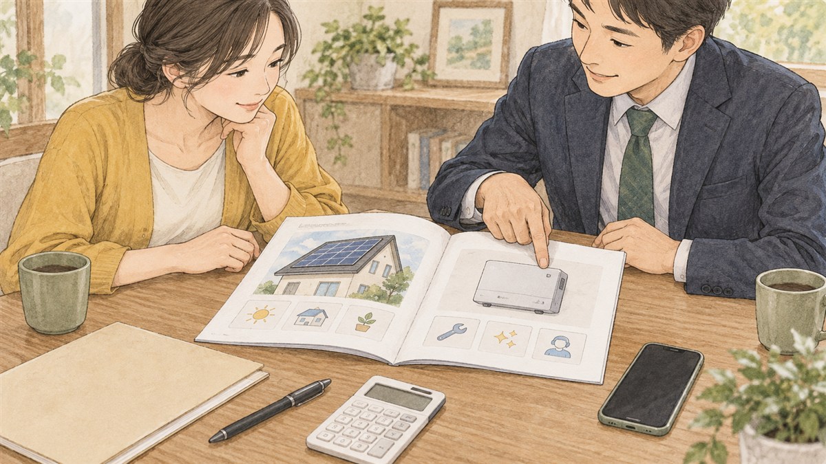 太陽光の操作方法や保証・維持管理の資料を確認するイラスト