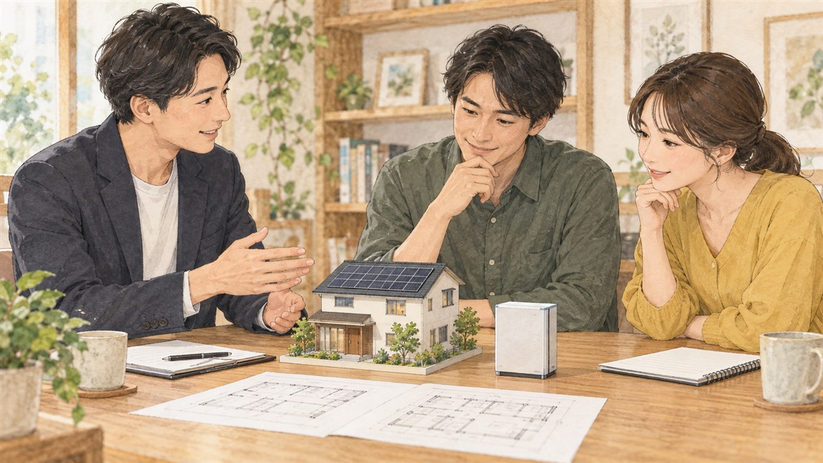 太陽光と蓄電池の選び方を暮らしに合わせて相談するイメージイラスト