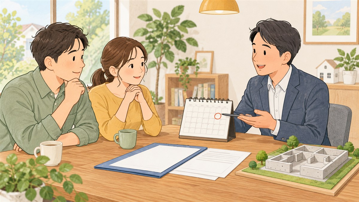 カレンダーと基礎の模型を使い、補助金の申請日程を確認する様子
