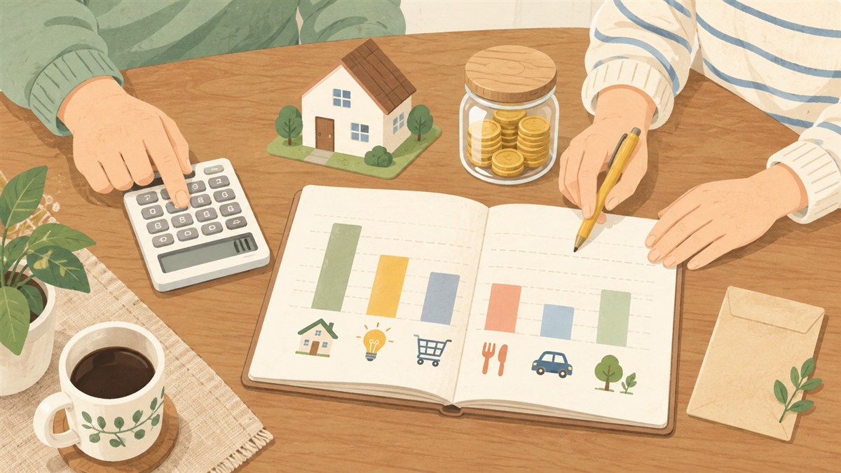 家計ノートと貯蓄を見ながら補助金に頼らない住宅予算を整理する様子