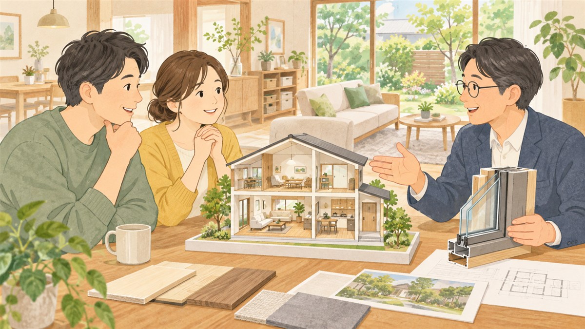 住宅模型と窓のサンプルを使い、性能と暮らしやすさを相談する夫婦