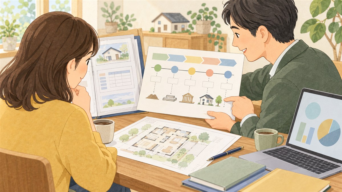 住宅会社と申請書類や工事・支払いの日程を確認する様子