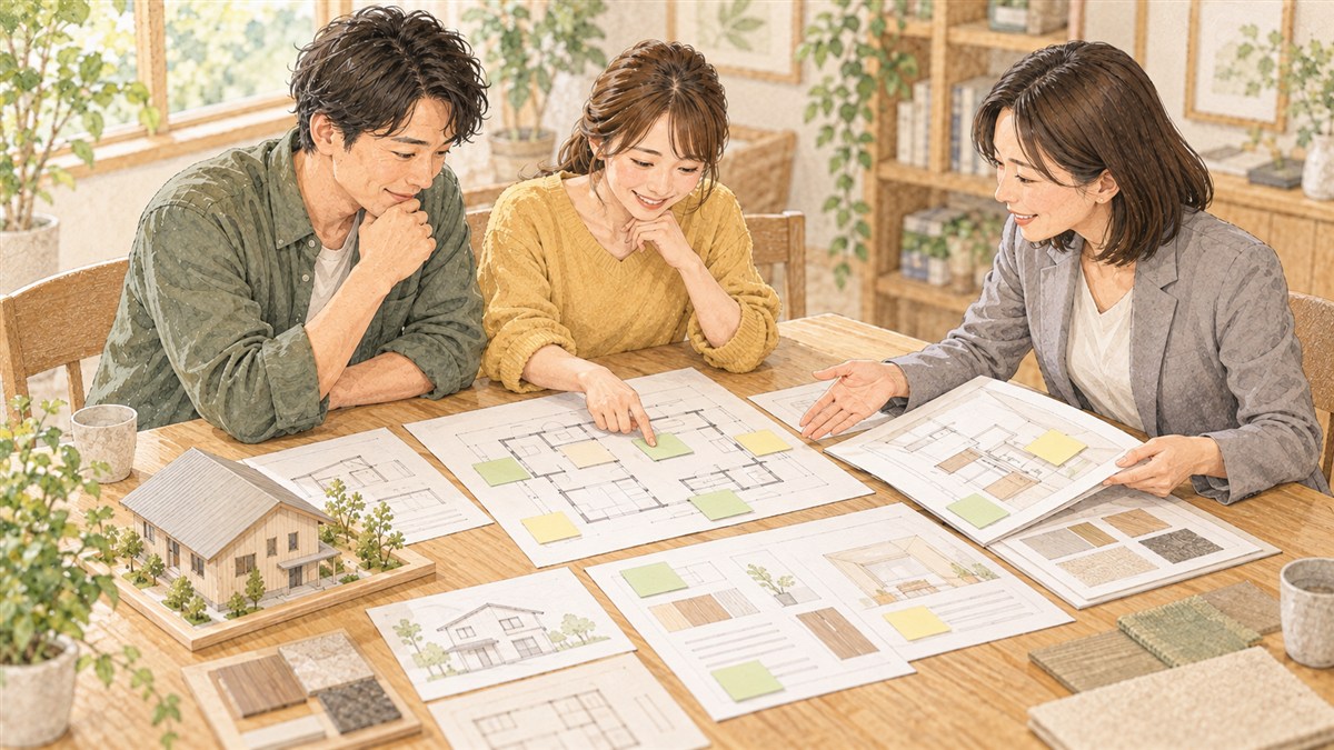 図面と見積書を広げ、決まった内容と未確定の内容を付箋で整理する夫婦と住宅担当者の水彩・色鉛筆風イラスト