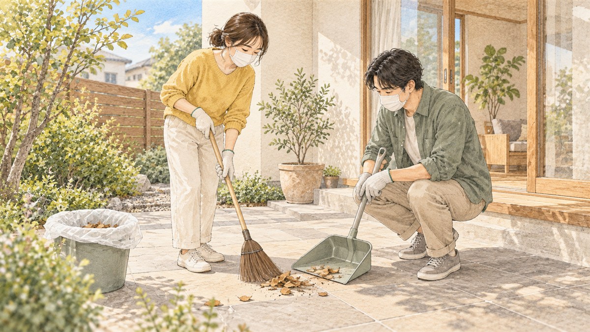 中庭の床に落ちた葉や少量の灰を集めて片づける夫婦の水彩・色鉛筆風イラスト