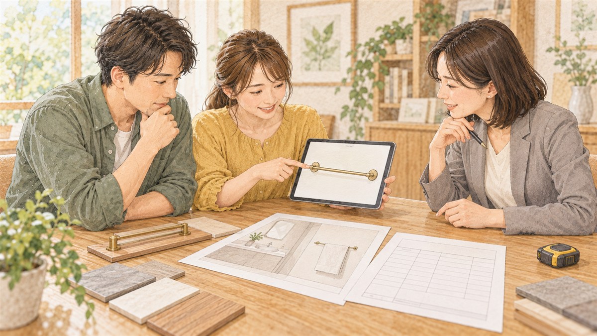 タオル掛けの商品情報と図面を見ながら取り付け条件を相談する夫婦の水彩・色鉛筆風イラスト