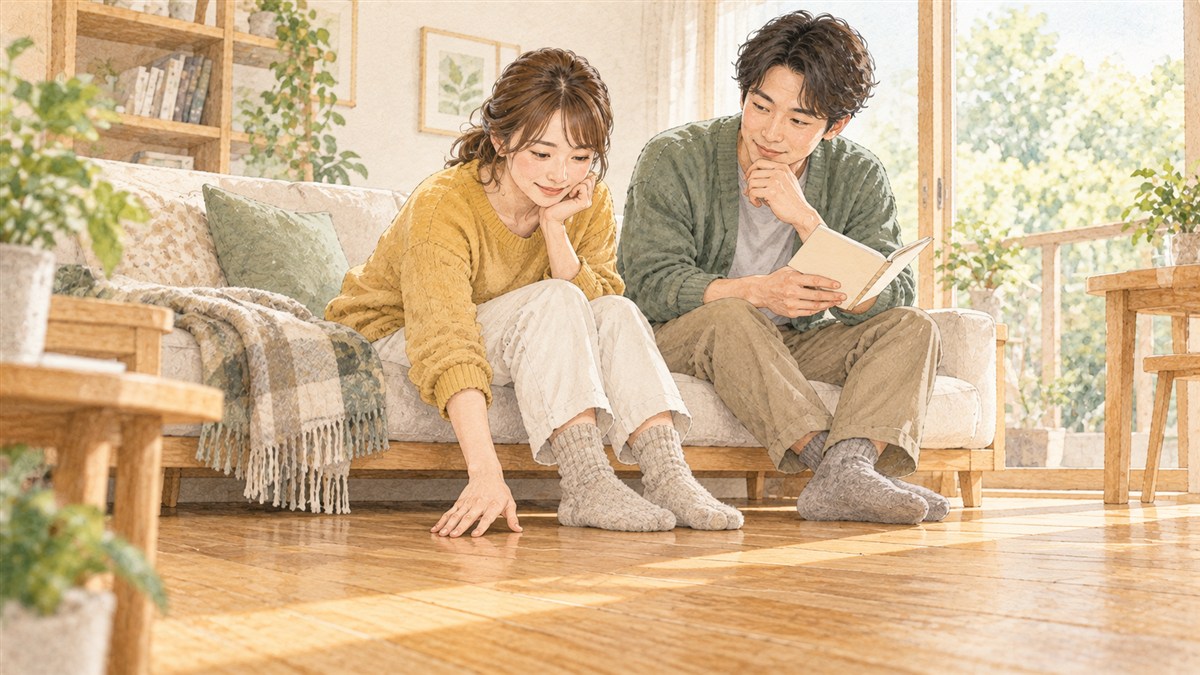 床に触れて足元の寒さを考える夫婦の水彩・色鉛筆風イメージイラスト