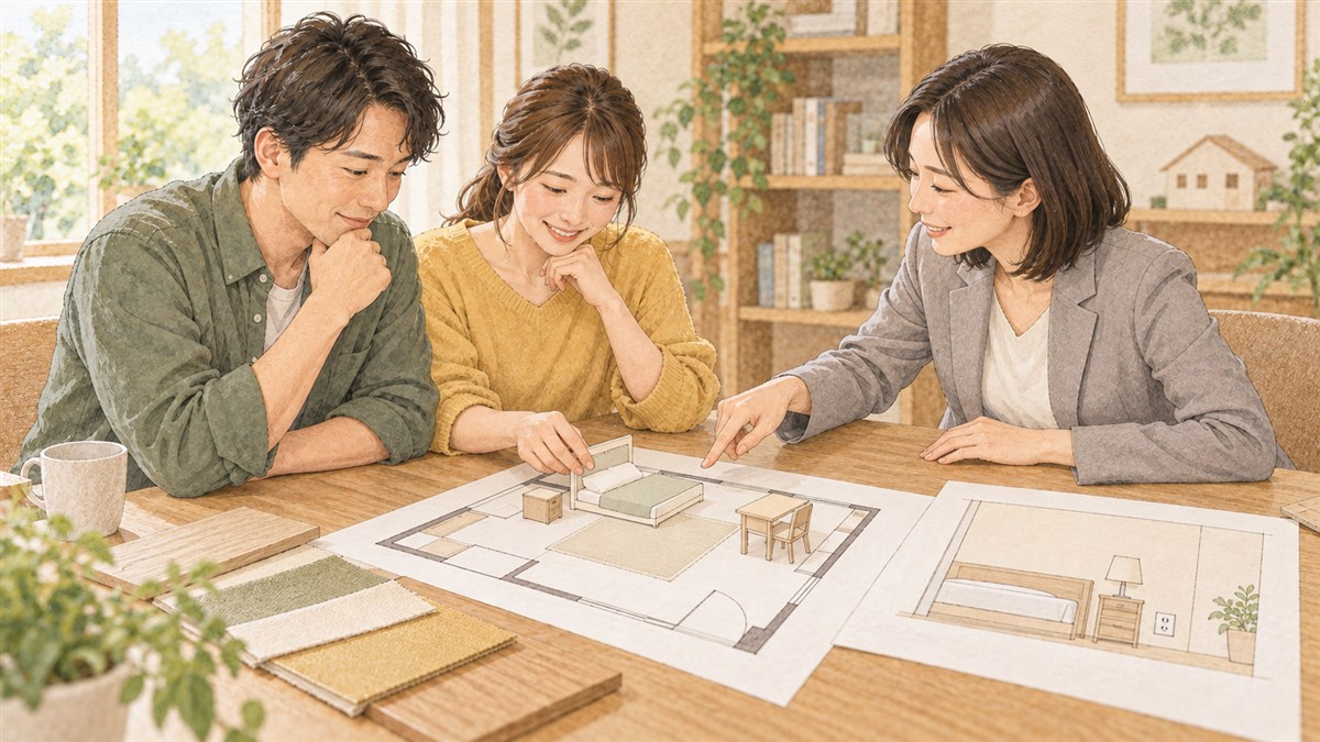 ベッドと机を描いた図面を見ながらコンセント位置を相談する夫婦の水彩・色鉛筆風イラスト