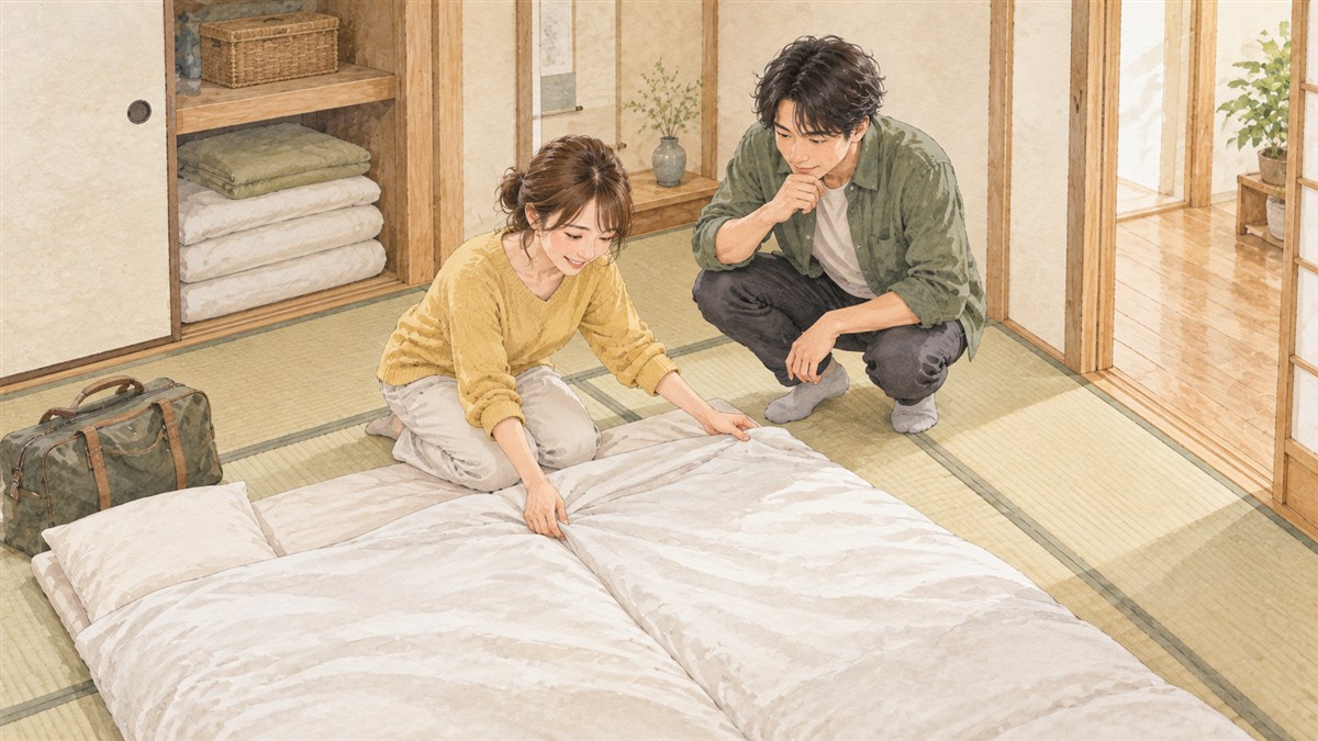 和室で布団を広げ、来客が泊まるときの広さや通り道を確認する夫婦の水彩・色鉛筆風イラスト