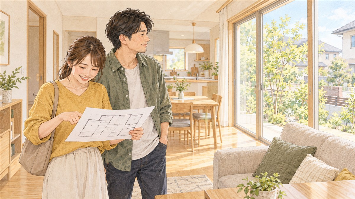 完成した住宅で窓の外と間取りを確認する夫婦の水彩・色鉛筆風イラスト（AI生成）
