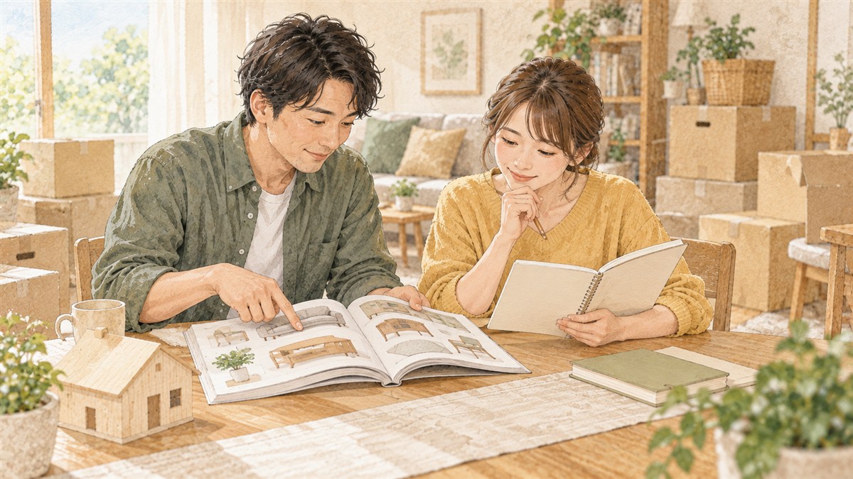 引っ越し前に家具のカタログと家計ノートを見比べる夫婦の水彩・色鉛筆風イラスト(AI生成)
