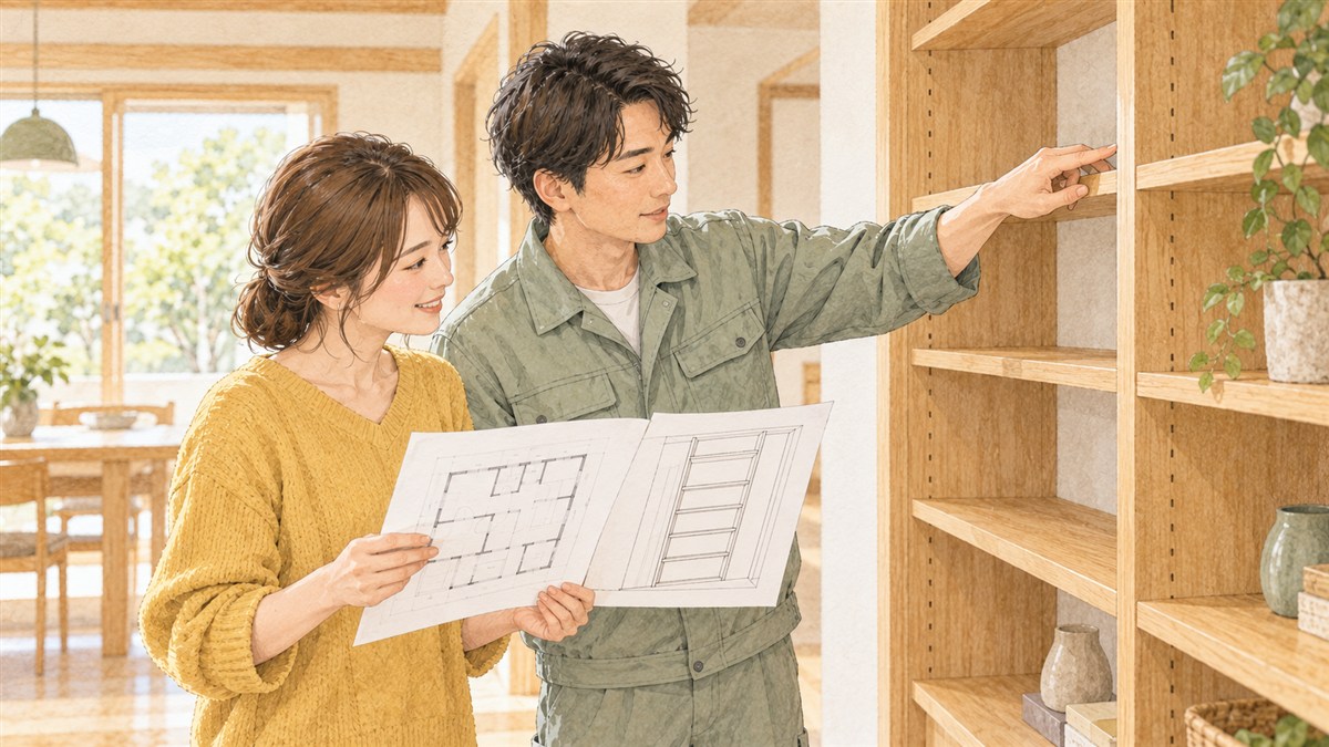 図面と完成した棚の高さを住宅会社の担当者と確認する施主の水彩風イラスト（AI生成）